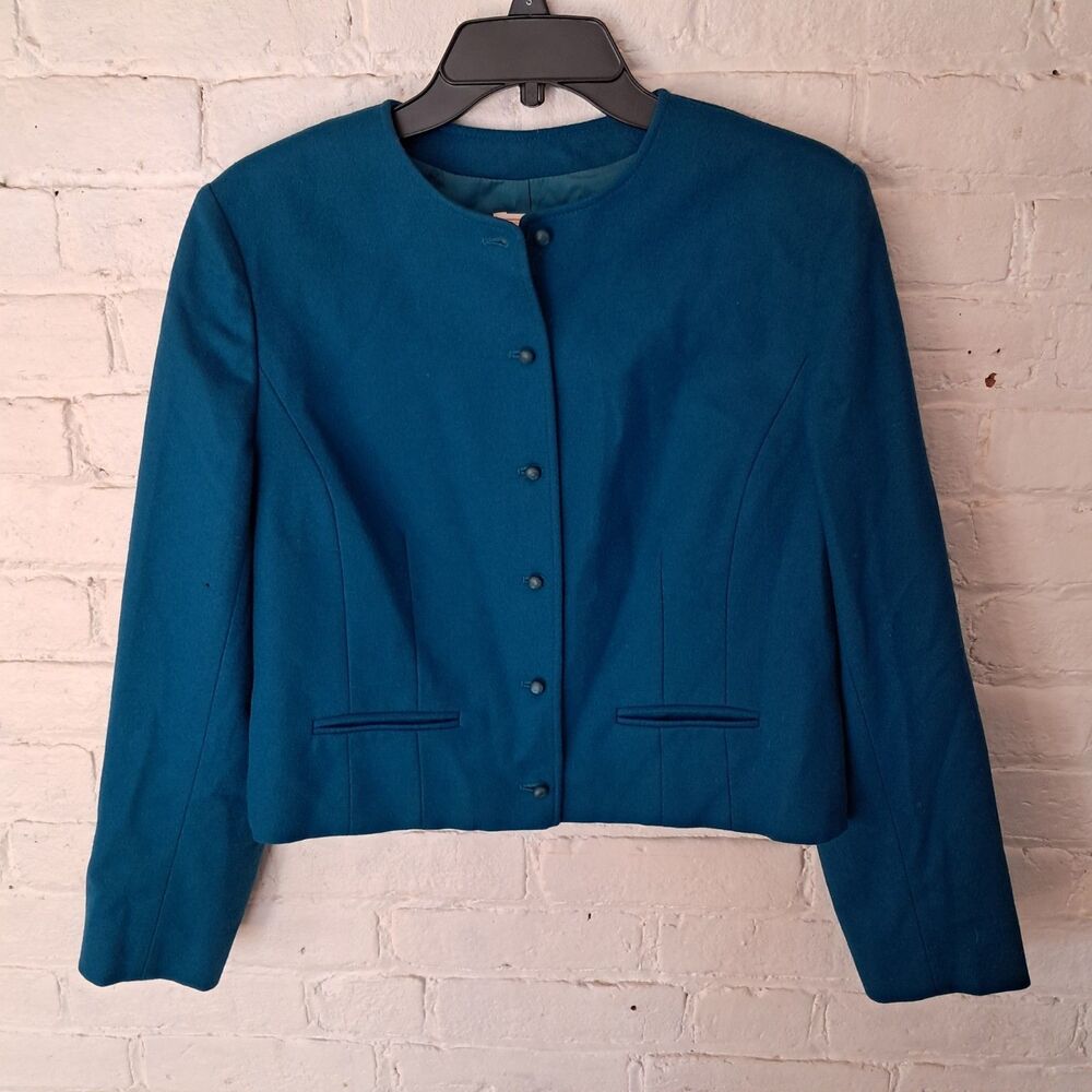 Vintage Teal Blue Pendleton Cropped Jacket With Buttons 100% Wool Size 14 Blazer